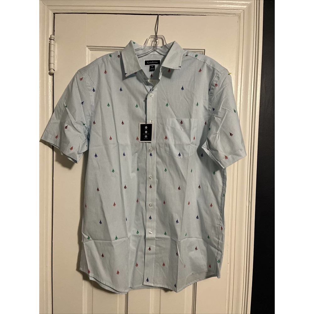 Club Room Mens Medium White Blue Pinstripes W Boats Short Sleeve Button Shirt